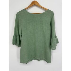 Terzo Millennio Linen Blouse Womens M Green Button Back Ruffle Bell Sleeve